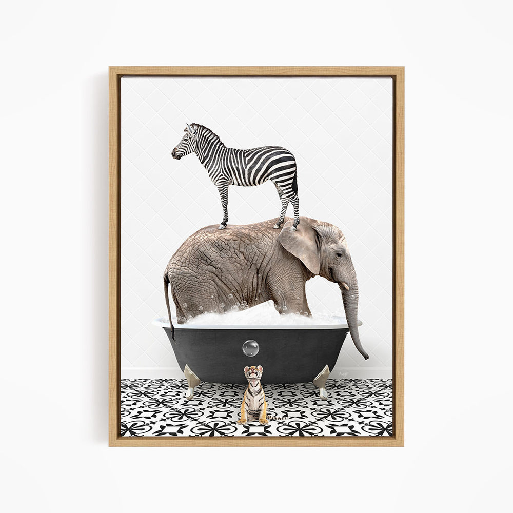 A zebra standing on the back of an elephant, with a small tiger sitting in a bathtub in front of them.
