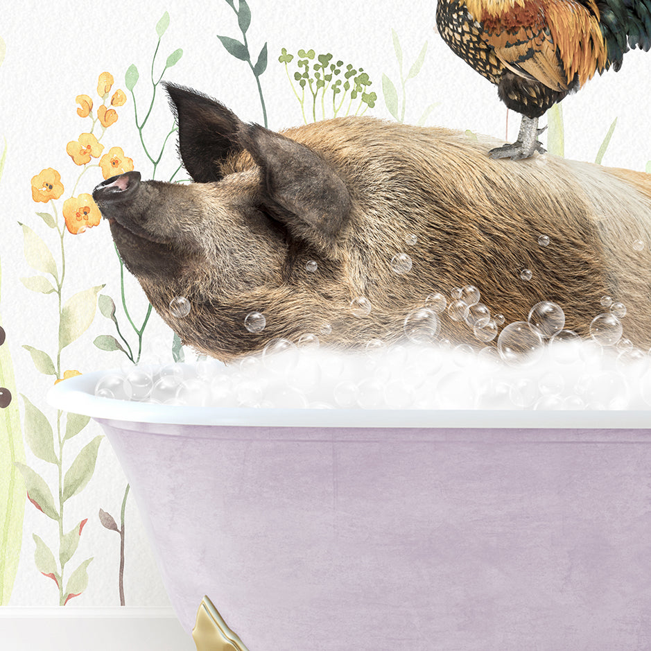 a pig in a bathtub with a chicken on top of it