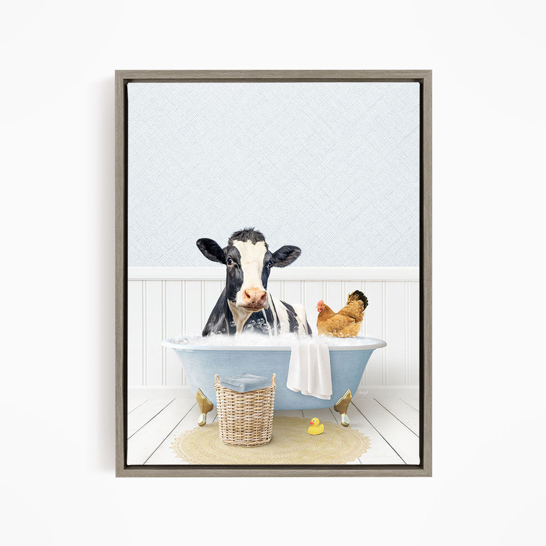 A cow is sitting in a bathtub filled with water, surrounded by a chicken and a rubber duck, creating a whimsical and playful scene.