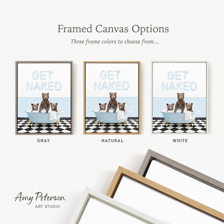 three framed canvas options, each featuring a bear in a bathtub. The options include a gray, a natural, and a white frame.