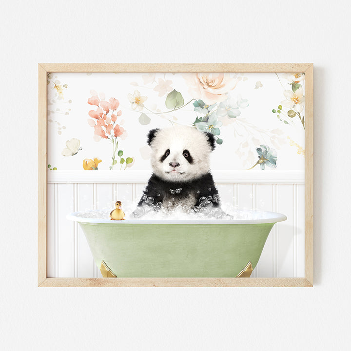 a panda bear sitting in a green bath tub