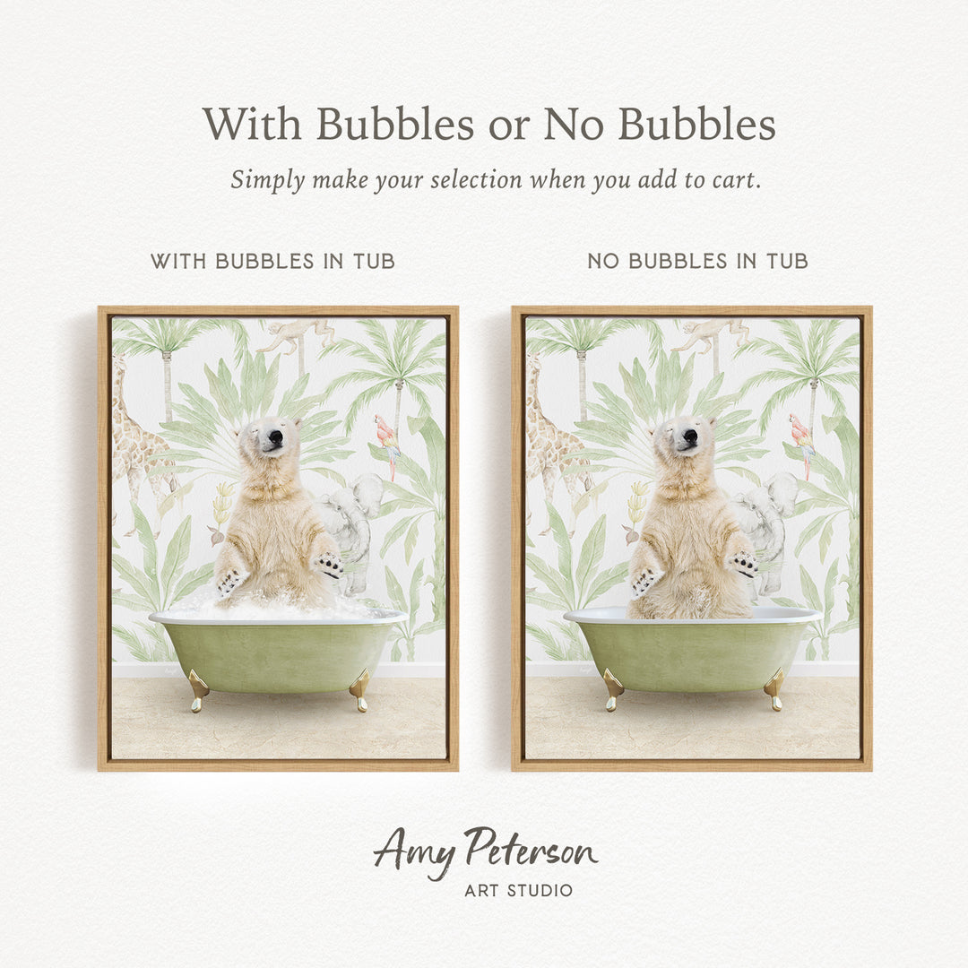 The image is a collage of two framed pictures, each depicting a polar bear sitting in a bathtub. The polar bear in the bathtub has bubbles, while the polar bear in the other bathtub does not have bubbles. The text above the images reads "With Bubbles or No Bubbles Simply make your selection when you add to cart."