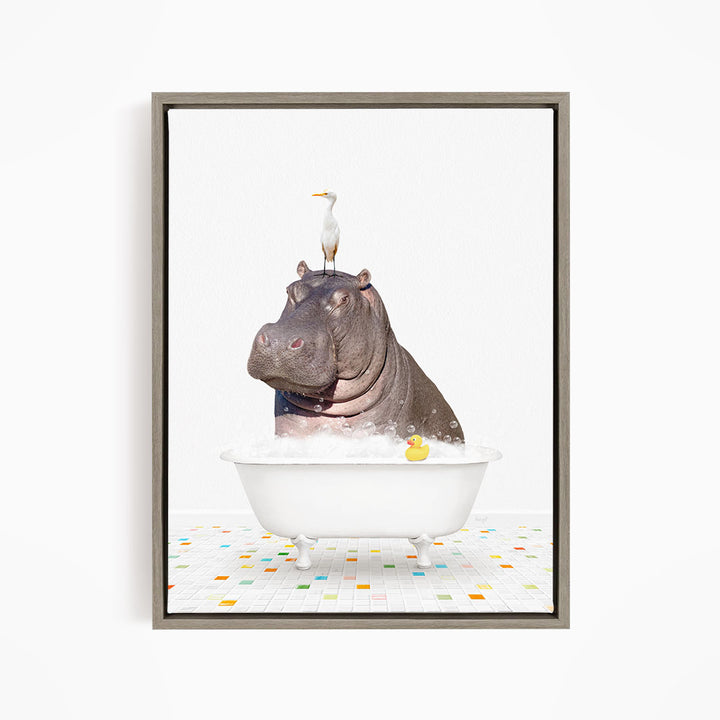 A hippopotamus sitting in a bathtub with a bird perched on its head.