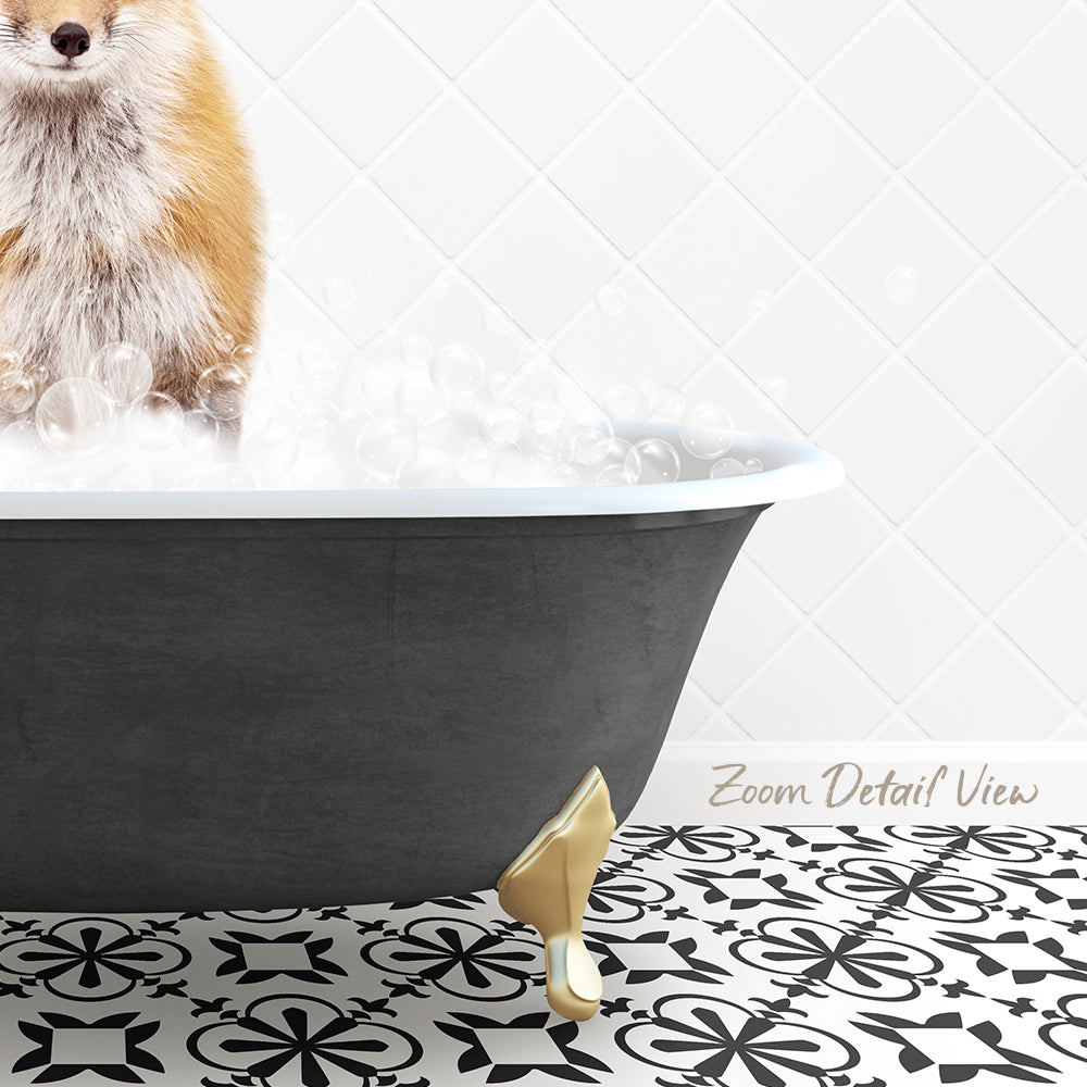 A fluffy orange and white dog is standing in a black bathtub filled with bubbles, with a gold bathtub leg visible on the floor.