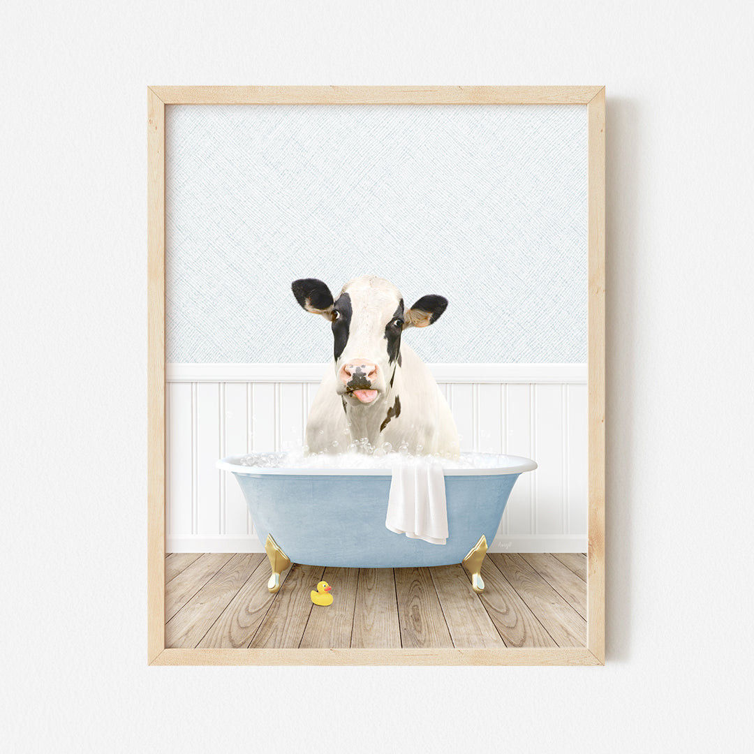 a cow sticking its head out of a bathtub