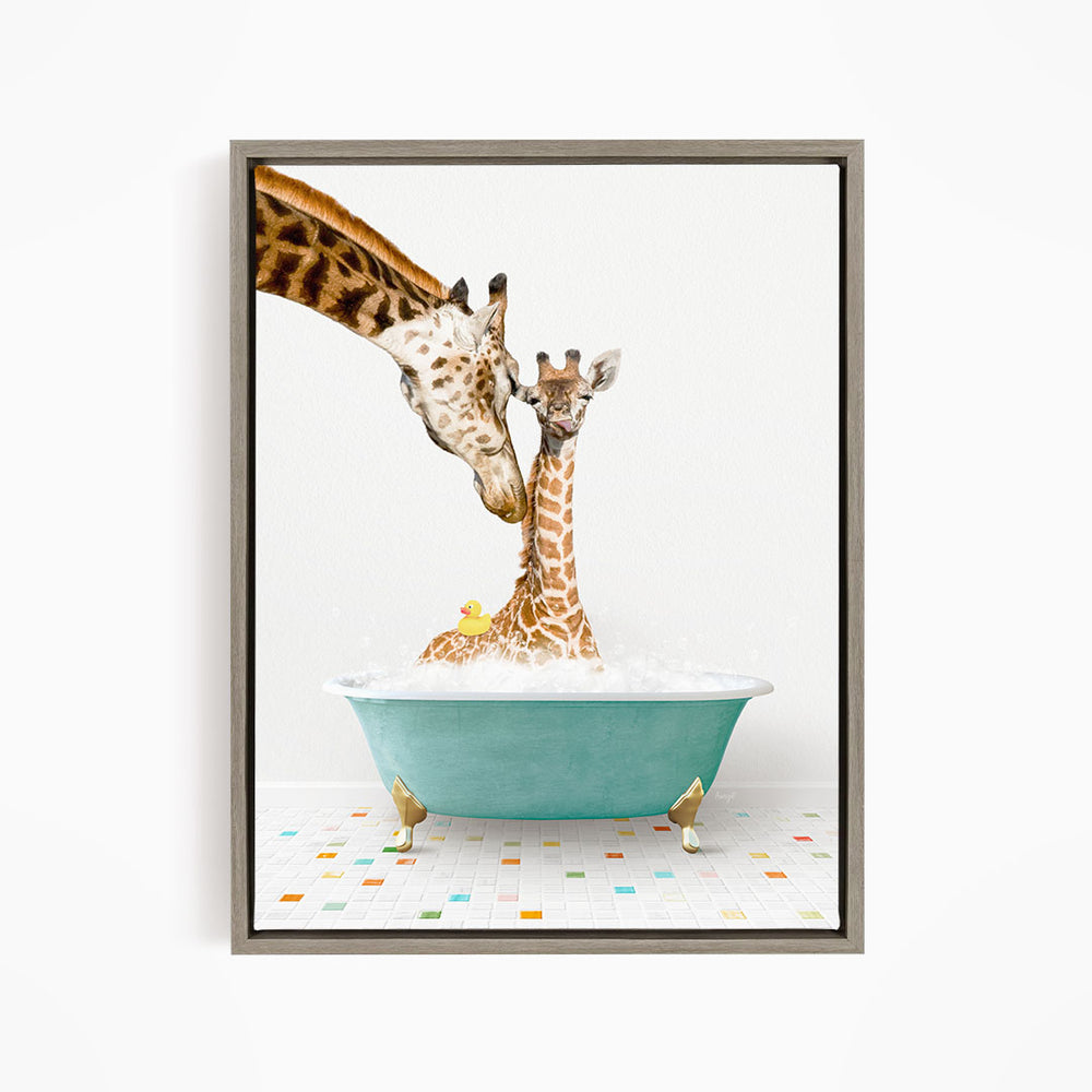 A mother giraffe and her baby giraffe are enjoying a bath together in a blue tub, with a yellow rubber duck floating in the water.