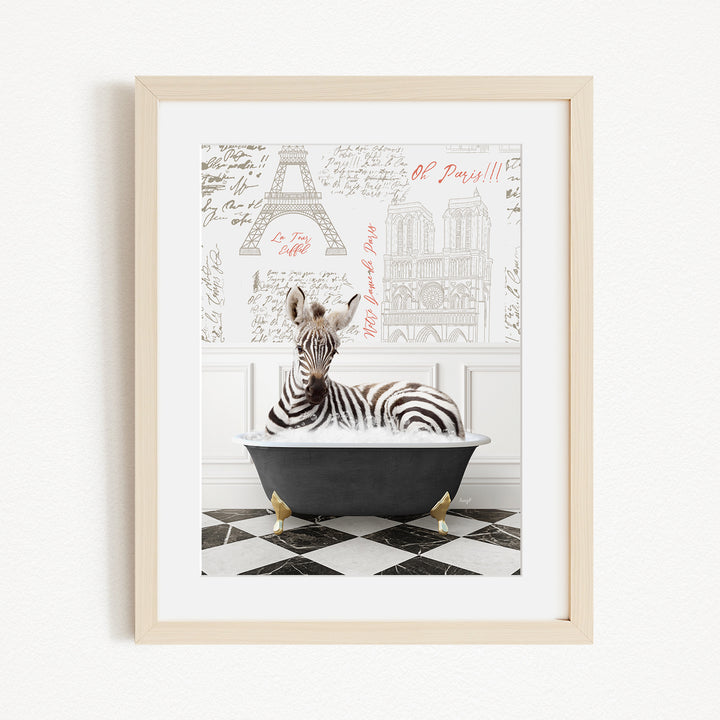 A zebra is sitting in a bathtub, surrounded by a Paris-themed background with the Eiffel Tower and other Parisian landmarks.