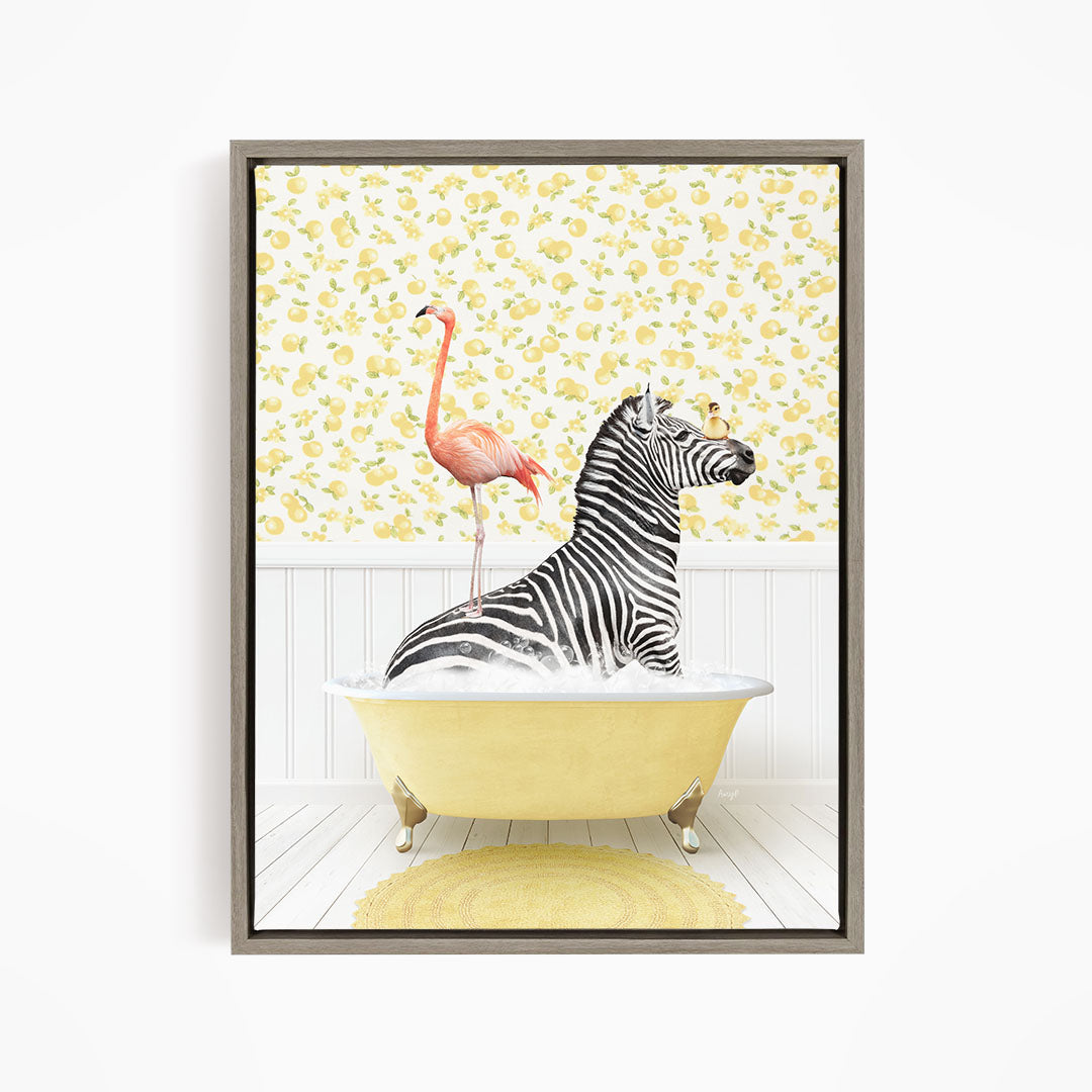 A zebra is sitting in a yellow bathtub, with a pink flamingo standing on its back.