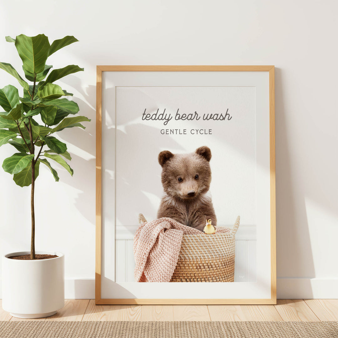 A framed image of a teddy bear sitting in a basket, with the text "teddy bear wash" and "gentle cycle" written above it.