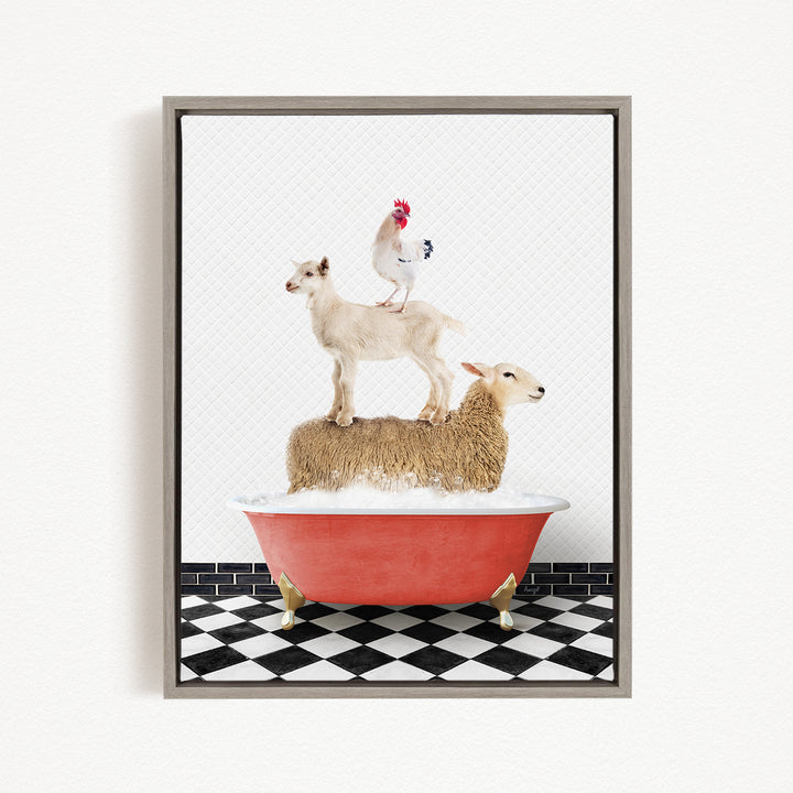 A framed image depicting a goat standing on top of a sheep in a bathtub, with a rooster perched on the sheep's back.