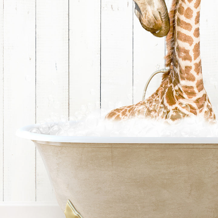 a baby giraffe is taking a bath in a bathtub