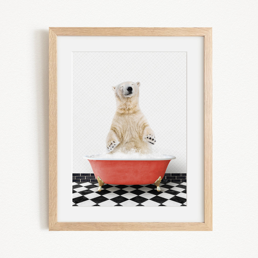 A polar bear standing in a red bathtub filled with water, surrounded by a black and white checkered floor.