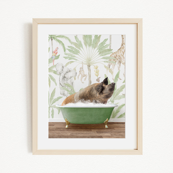A framed illustration depicting a pig sitting in a green bathtub, surrounded by various animals and plants, creating a whimsical and playful scene.