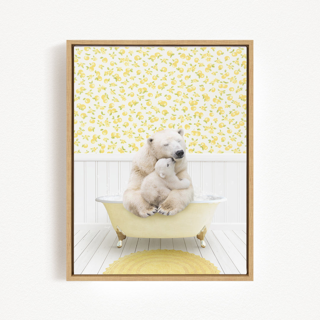 A polar bear is sitting in a bathtub, with another polar bear cuddling with it, against a yellow and white floral wallpaper.