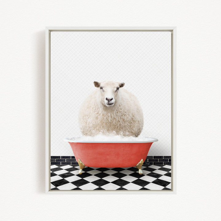 A fluffy white sheep sits in a red bathtub filled with bubbles, surrounded by a black and white checkered floor.