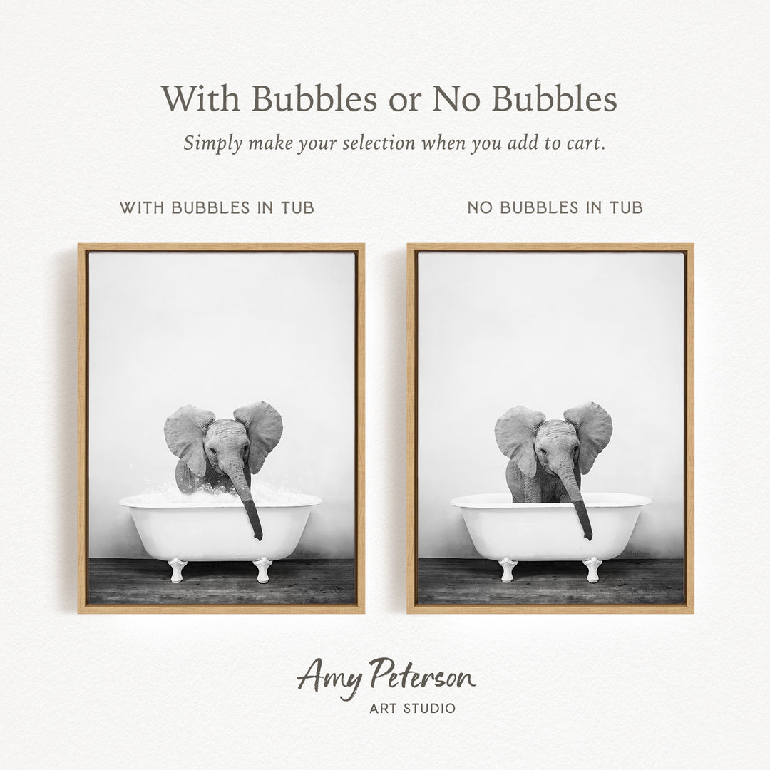 The image is a black and white photograph of two elephants sitting in bathtubs, one with bubbles and the other without bubbles.