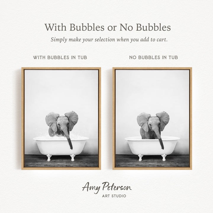 The image is a black and white photograph of two elephants sitting in bathtubs, one with bubbles and the other without bubbles.