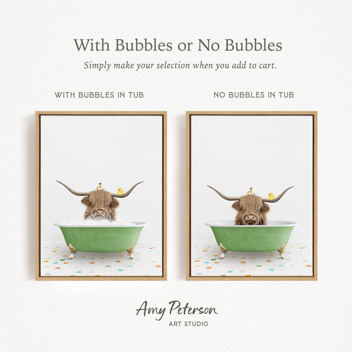 The image is a collage of two framed pictures, each depicting a cow with horns sitting in a green bathtub. The cow in the left picture has bubbles in the tub, while the cow in the right picture does not have bubbles in the tub.