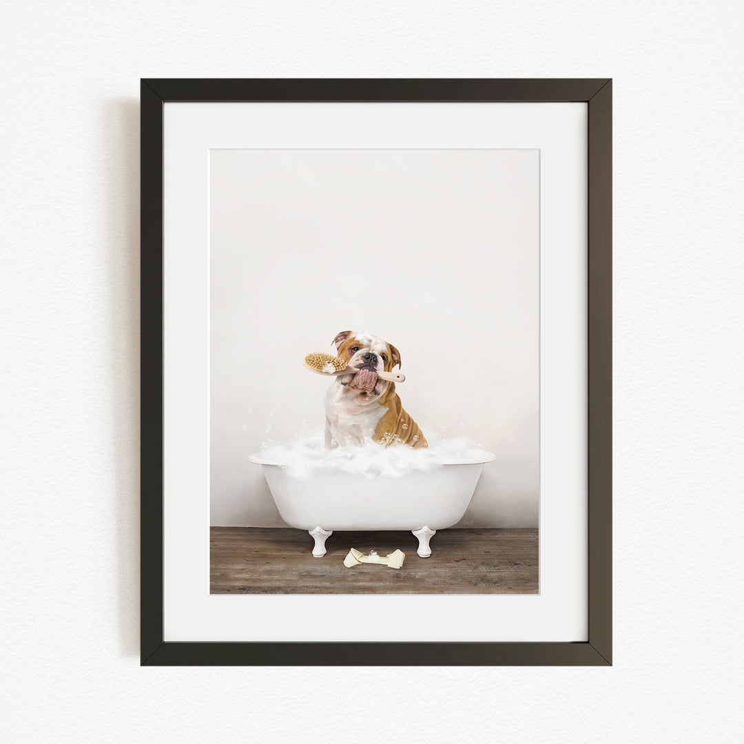 A dog is sitting in a white bathtub filled with bubbles, with a bone placed on the floor in front of it.
