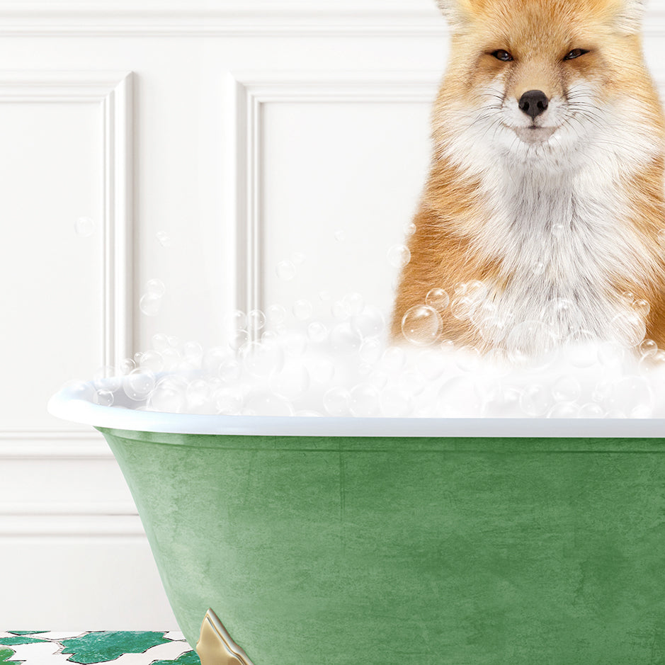 a fox sitting in a bathtub full of bubbles