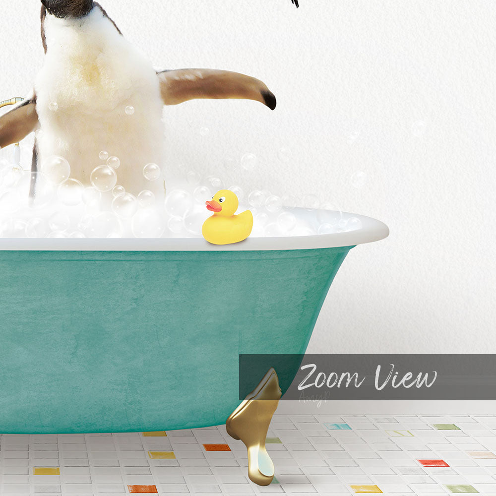 A penguin standing in a bathtub filled with bubbles, with a yellow rubber duck floating nearby.