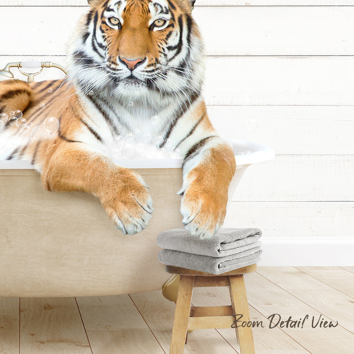 A tiger is sitting in a bathtub filled with water, with its paws resting on a towel.