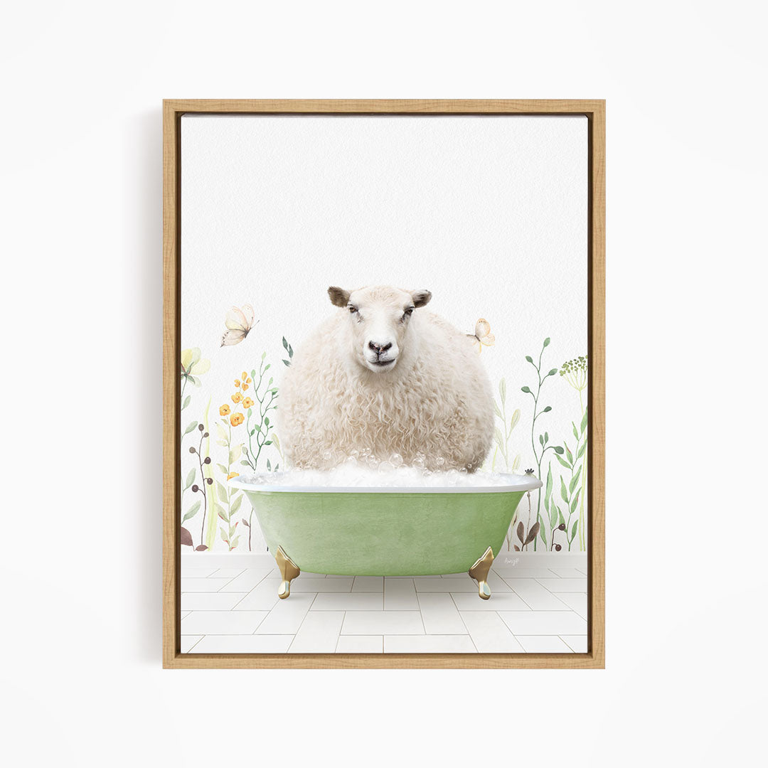 A fluffy white sheep sits in a green bathtub, surrounded by flowers and butterflies, creating a whimsical and charming scene.