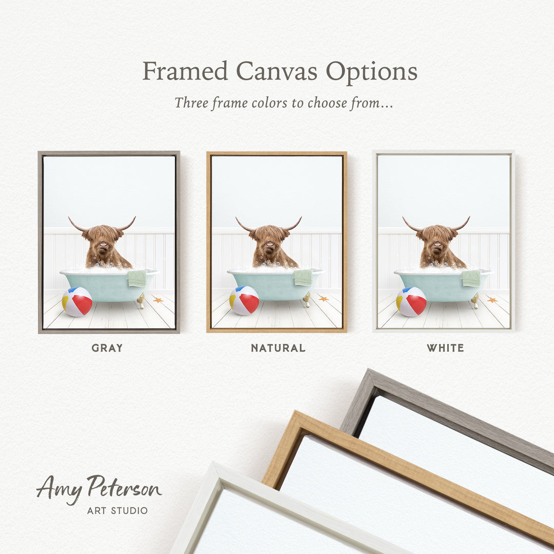 three framed canvas options, each featuring a different color: gray, natural, and white. The canvas options are presented in a collage format, with the text " Framed Canvas Options" and "Three frame colors to choose from..." displayed above the images.