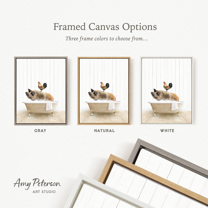 The image is a framed canvas option showcasing three different frame colors: gray, natural, and white. The canvas displays a rooster and a dog in a bathtub, with the rooster sitting on the edge of the bathtub and the dog lying inside.