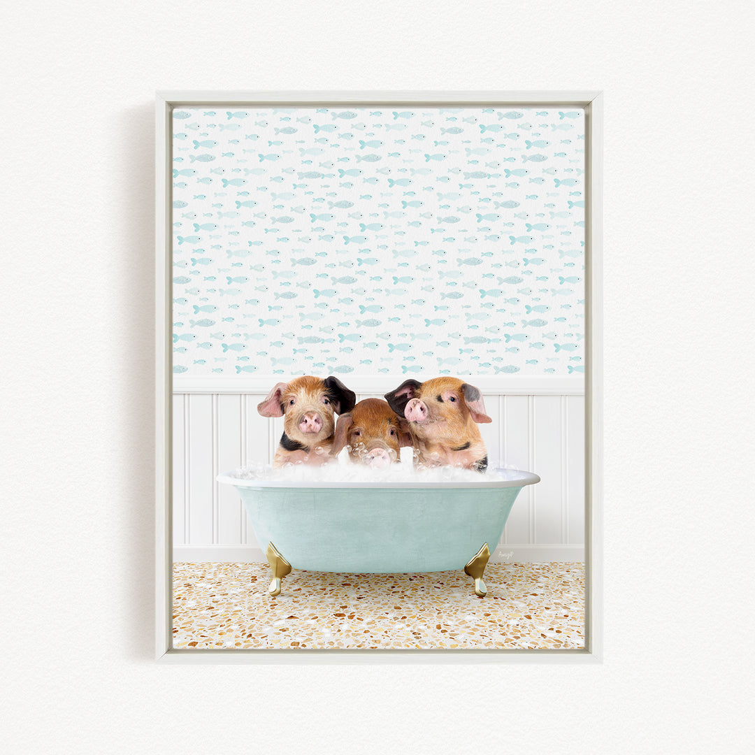 Three adorable pigs sitting in a bathtub filled with bubbles, surrounded by a patterned wallpaper.