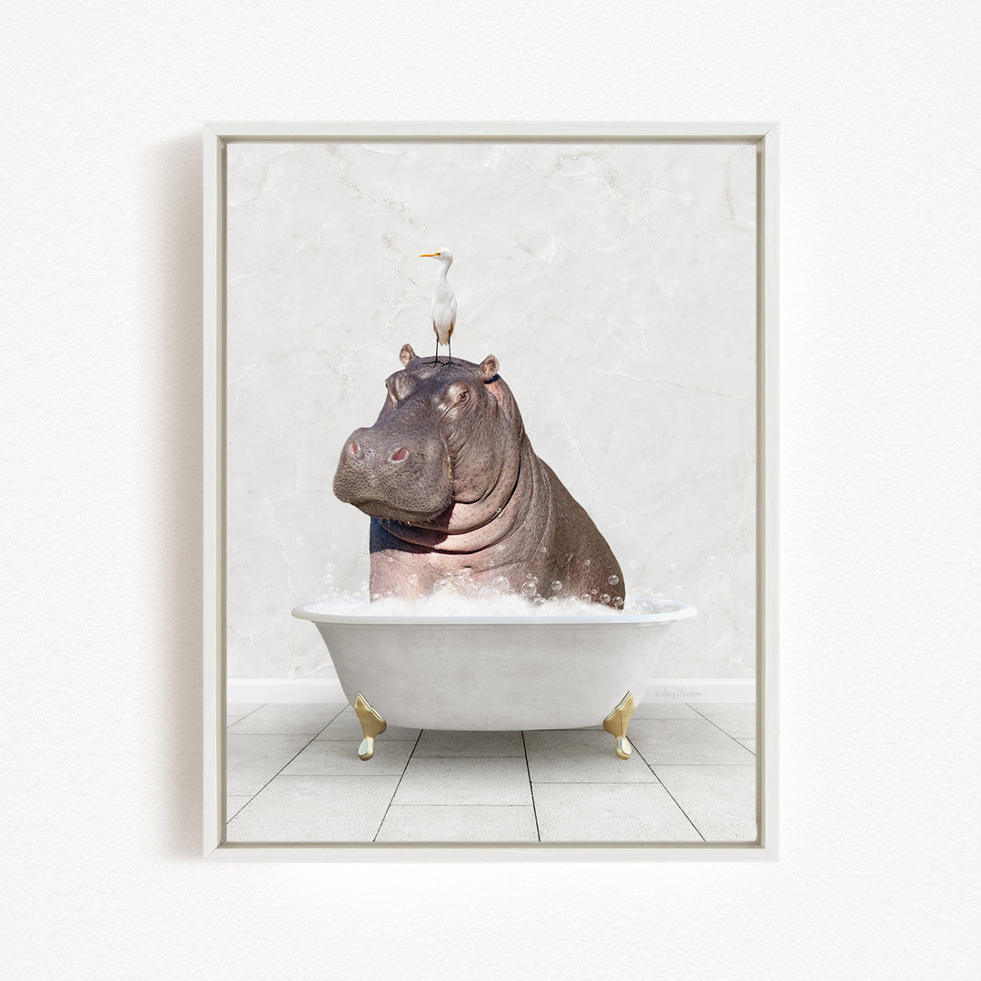 A hippopotamus sitting in a bathtub, with a bird perched on its head.
