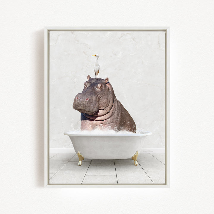A hippopotamus sitting in a bathtub, with a bird perched on its head.