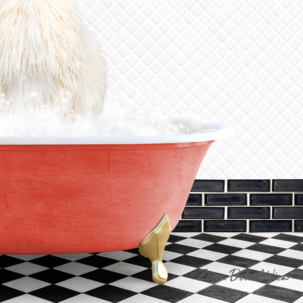 A fluffy white cat is sitting in a red bathtub filled with bubbles, with a black and white checkered floor in the background.