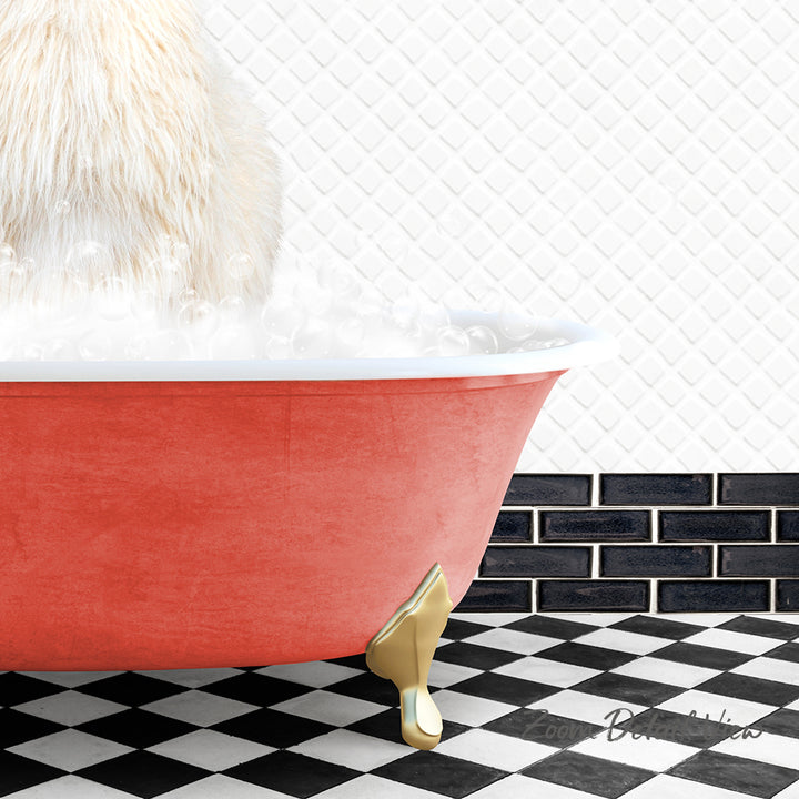 A fluffy white cat is sitting in a red bathtub filled with bubbles, with a black and white checkered floor in the background.
