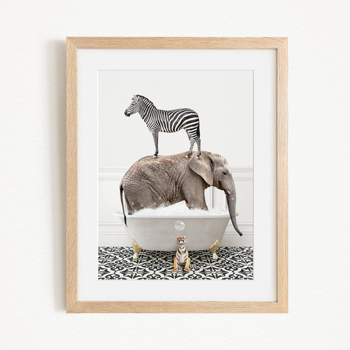 A zebra standing on an elephant's back, with a small tiger sitting in a bathtub in the foreground.
