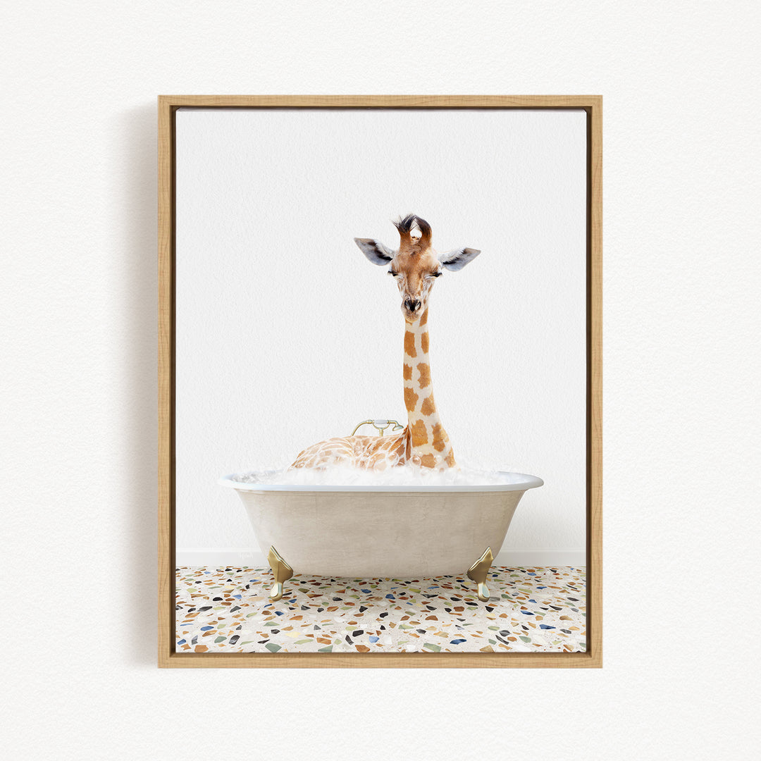 A giraffe is sitting in a white bathtub filled with water, creating a whimsical and playful scene.
