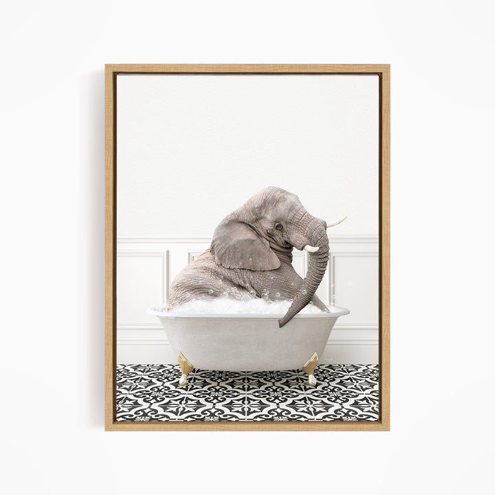 A gray elephant sitting in a white bathtub filled with water, surrounded by a black and white patterned floor.