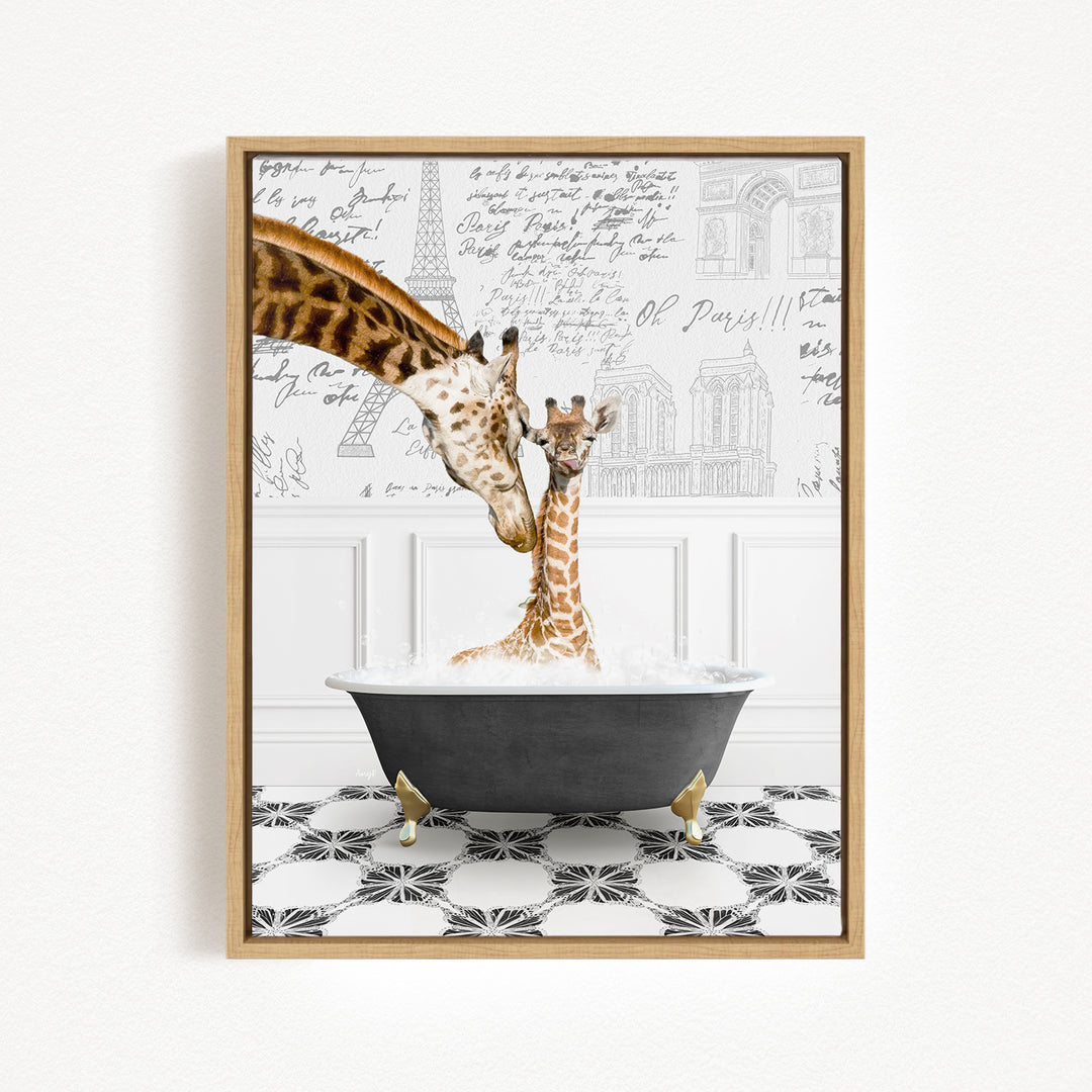 A mother giraffe and her baby giraffe are sitting in a bathtub filled with water, surrounded by a black and white tiled floor and a wall with various inscriptions and drawings.