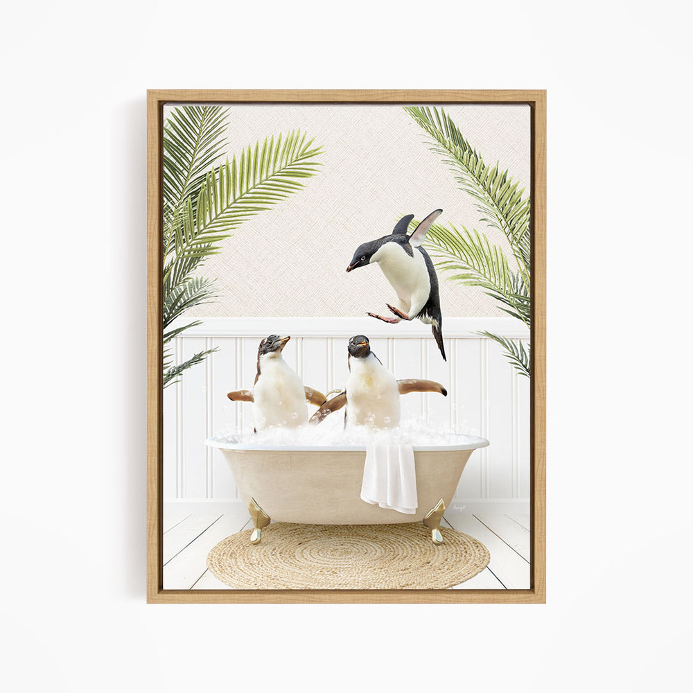 A framed image depicting three penguins sitting in a bathtub, surrounded by palm leaves, creating a whimsical and playful scene.