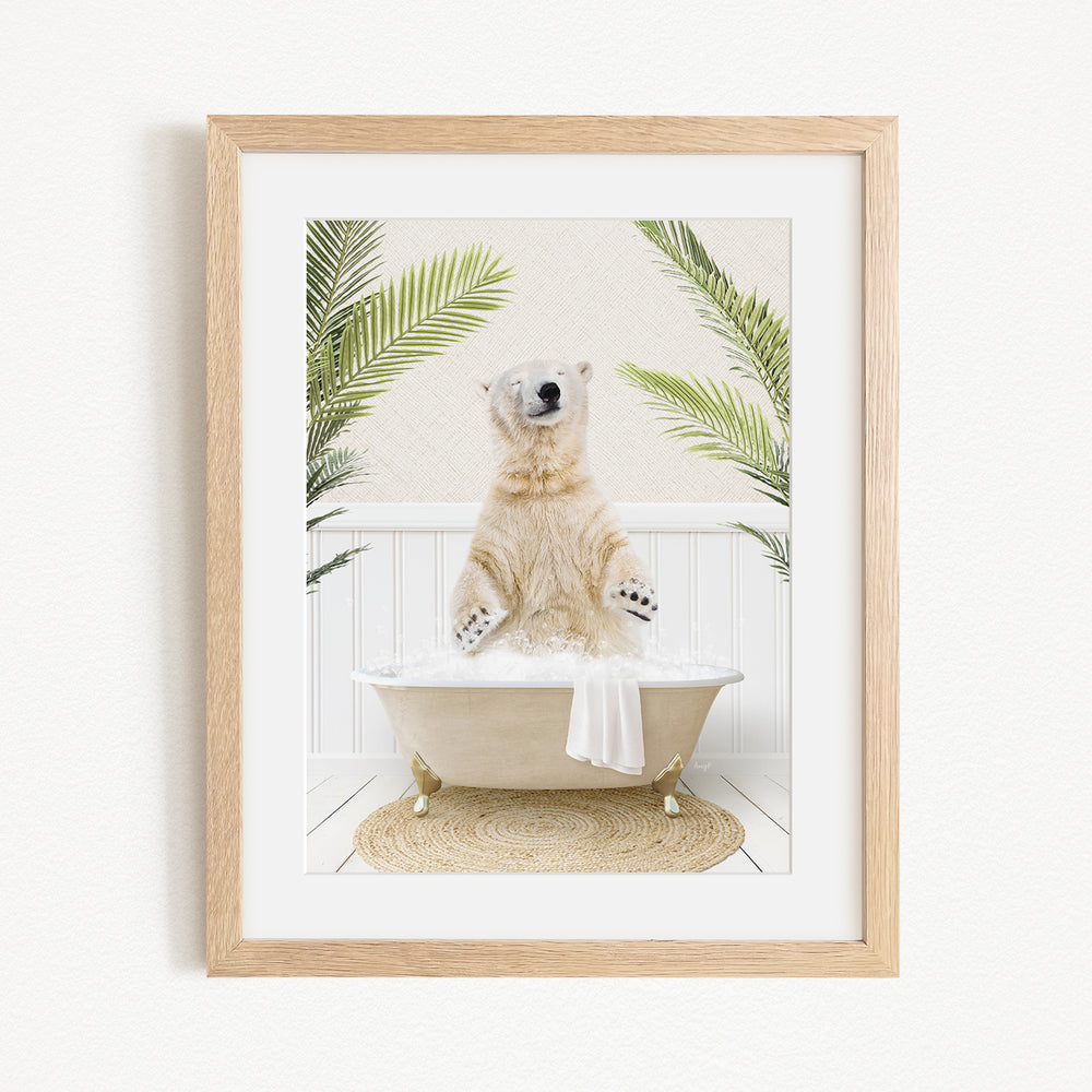 A polar bear sitting in a bathtub filled with water, surrounded by palm leaves, creating a whimsical and playful scene.