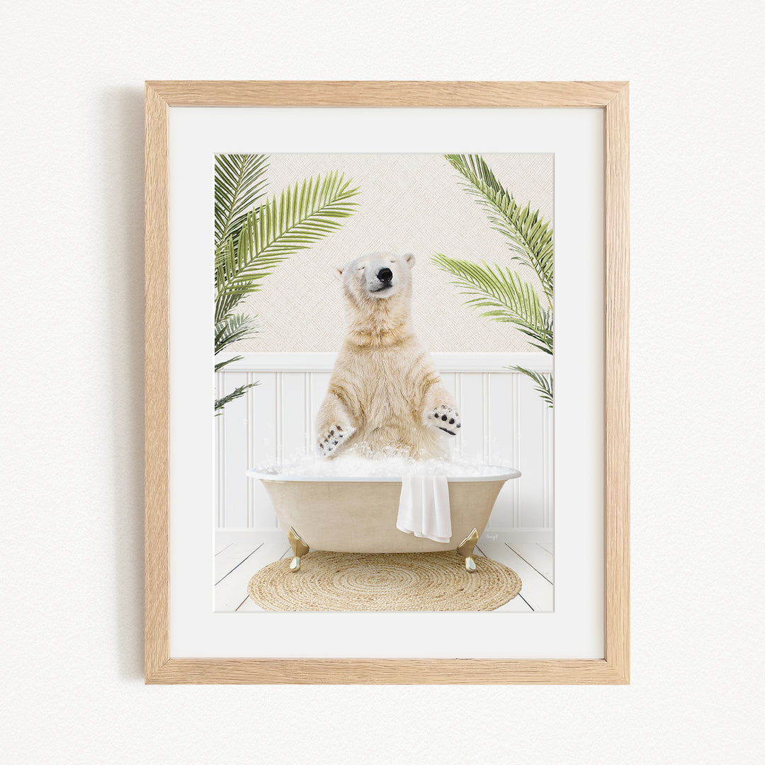 A polar bear sitting in a bathtub filled with water, surrounded by palm leaves, creating a whimsical and playful scene.
