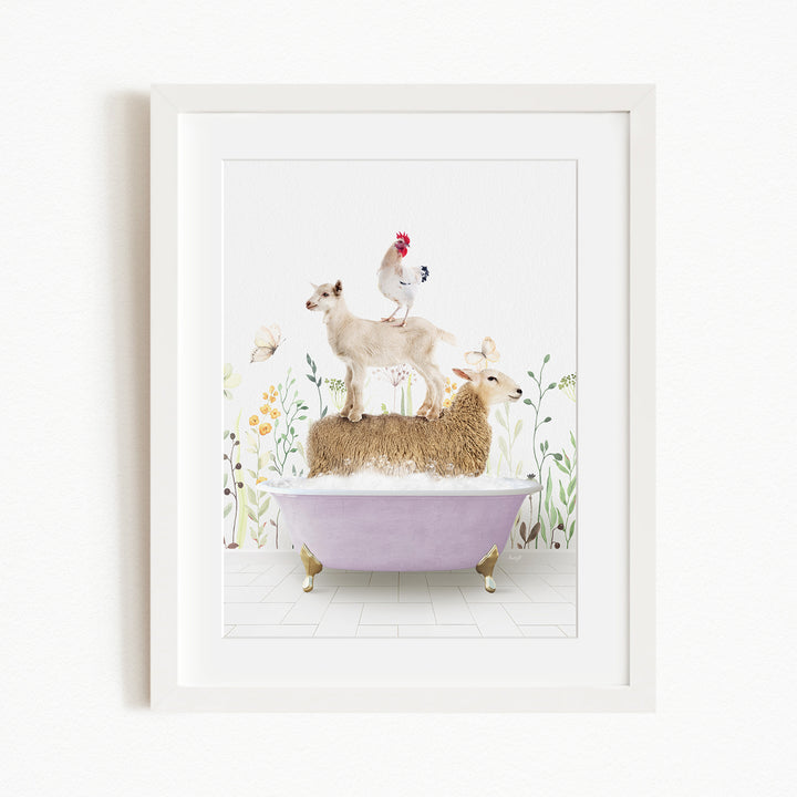 A framed image depicting a sheep standing on a bathtub, with a chicken perched on top, and a lamb sitting on the tub's edge.