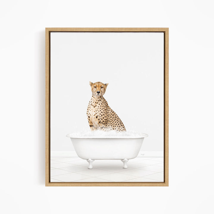 A cheetah sitting in a white bathtub filled with water.
