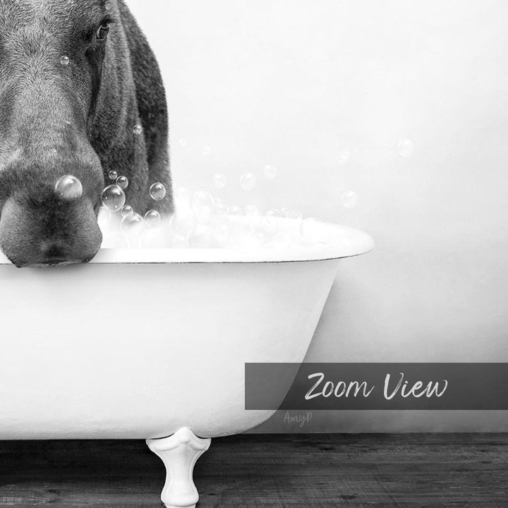A dog is standing in a bathtub filled with bubbles, creating a playful and whimsical scene.
