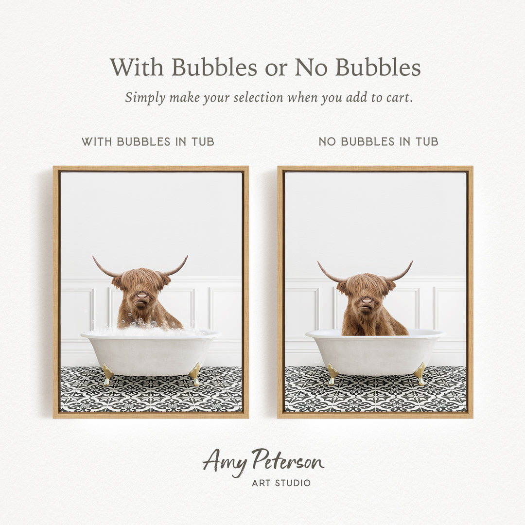 The image is a collage of two framed pictures, each depicting a brown cow with horns sitting in a white bathtub. The cow in the tub has bubbles, while the other cow does not. The collage is titled "With Bubbles or No Bubbles" and is created by Amy Peterson from Art Studio.