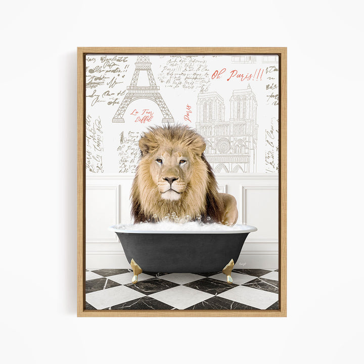 A lion is sitting in a bathtub filled with water, surrounded by a Paris-themed background with the Eiffel Tower and other landmarks.