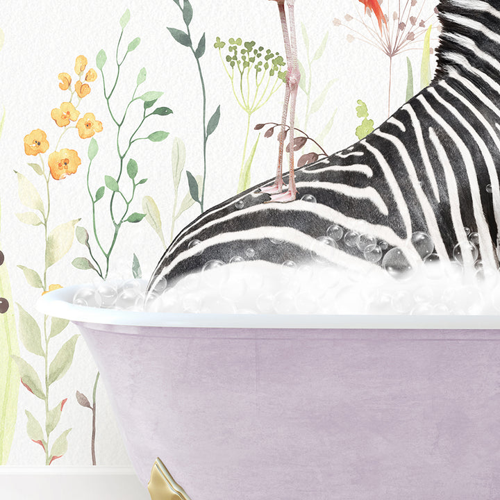 a zebra is taking a bath in a bathtub