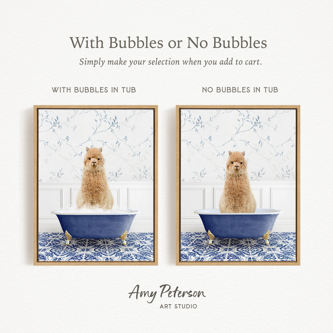 The image is a collage of two framed pictures, each featuring a dog sitting in a bathtub. The dog in the bathtub has bubbles, while the other dog does not have bubbles. The collage is titled "With Bubbles or No Bubbles" and is created by Amy Peterson from Art Studio.