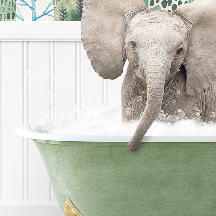 a baby elephant standing in a bathtub full of bubbles