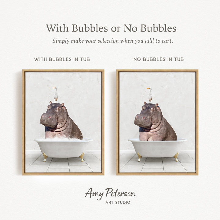 The image is a collage of two pictures featuring a hippopotamus sitting in a bathtub. The first picture has bubbles in the tub, while the second picture does not have bubbles. The text above the images reads "With Bubbles or No Bubbles Simply make your selection when you add to cart."